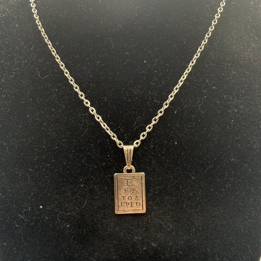 Snellen Eye Chart Necklace Silver Tone Vision Test Pendant 18 Inch Chain